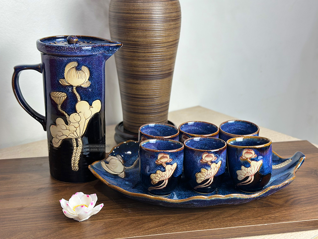 Bộ bình nước men hỏa biến xanh vẽ sen hàng nghệ nhân 1,5L cao cấp Bát Tràng 6